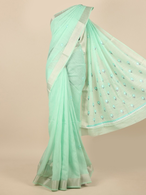 

Pothys Sea Green & Gold-Toned Floral Embroidered Zari Saree