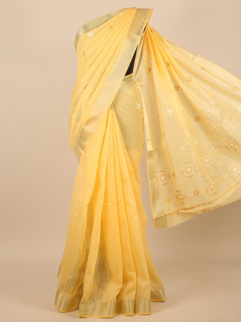 

Pothys Yellow & Gold-Toned Floral Embroidered Zari Saree
