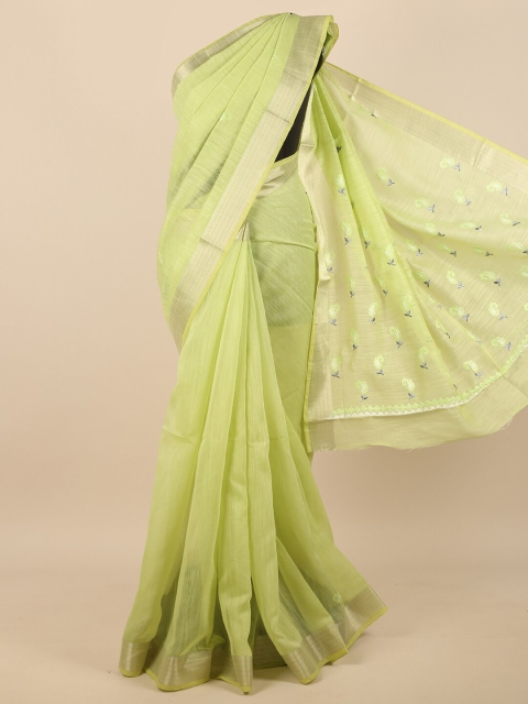 

Pothys Green & Gold-Toned Floral Embroidered Zari Saree