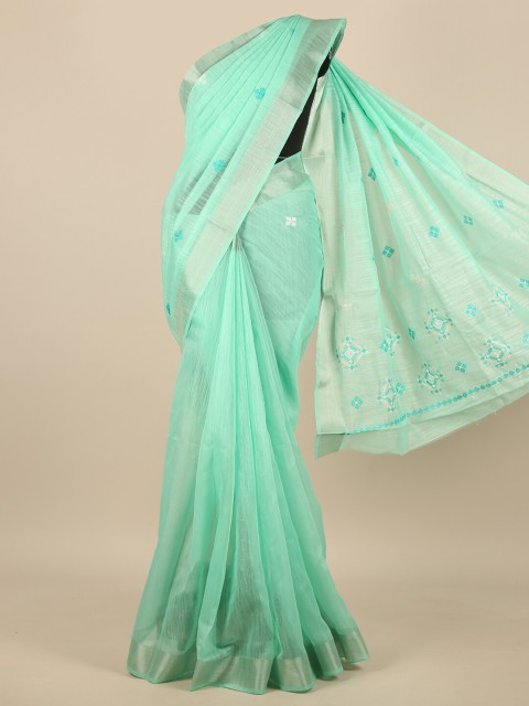 

Pothys Green & Silver-Toned Floral Printed Zari Saree