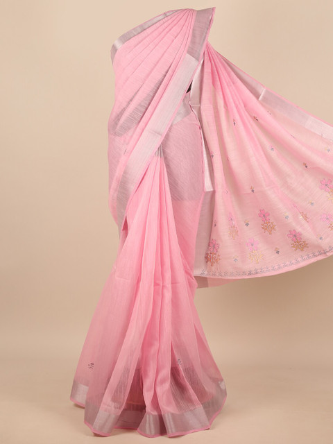 

Pothys Pink & Gold-Toned Floral Embroidered Zari Saree