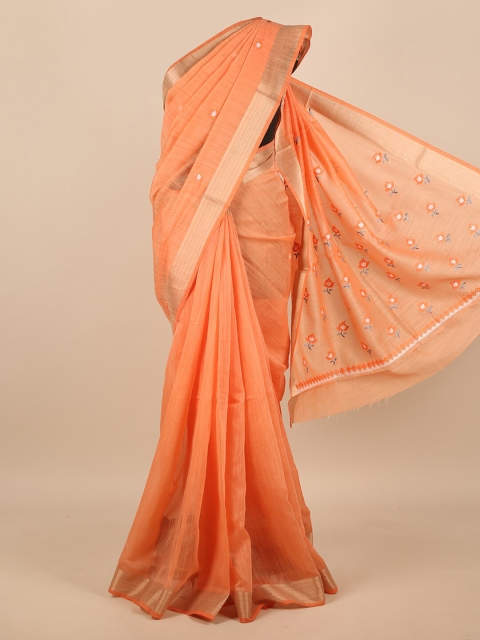 

Pothys Orange & Gold-Toned Floral Embroidered Zari Saree