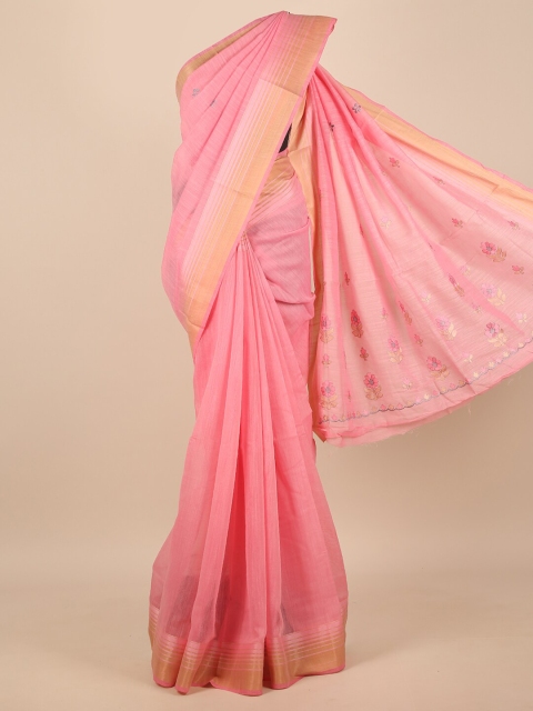 

Pothys Pink & Gold-Toned Floral Embroidered Zari Saree