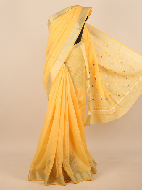 

Pothys Yellow & Gold-Toned Floral Embroidered Zari Saree