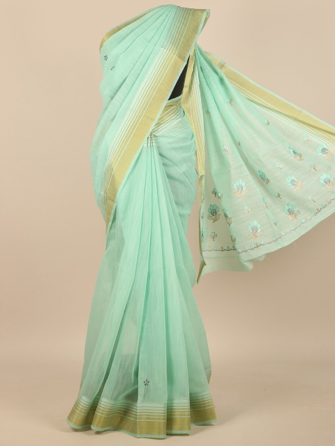 

Pothys Sea Green & Gold-Toned Floral Embroidered Zari Saree