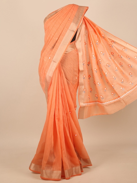 

Pothys Orange & Gold-Toned Floral Embroidered Zari Saree