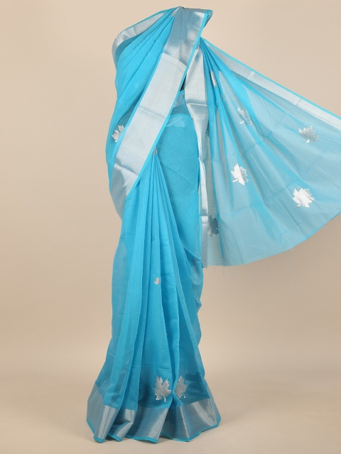 

Pothys Blue & Silver-Toned Floral Embroidered Zari Saree