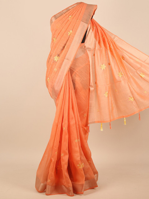 

Pothys Orange & Gold-Toned Floral Embroidered Zari Saree