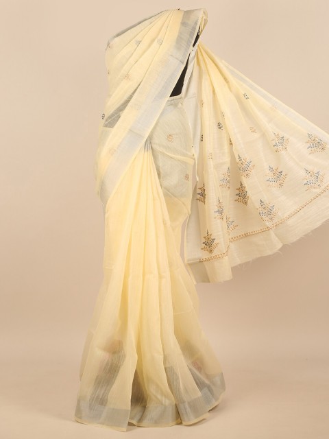 

Pothys Cream-Coloured & Silver-Toned Floral Embroidered Zari Saree