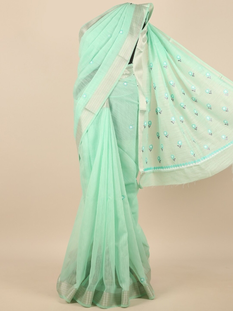 

Pothys Green & Silver-Toned Floral Embroidered Zari Saree