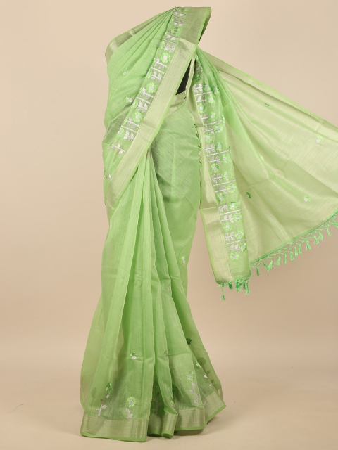 

Pothys Green & Silver-Toned Floral Embroidered Zari Saree