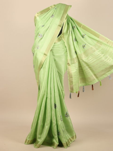 

Pothys Green & Gold-Toned Floral Embroidered Zari Saree