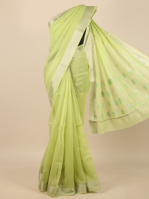 

Pothys Green & Silver-Toned Floral Embroidered Zari Saree