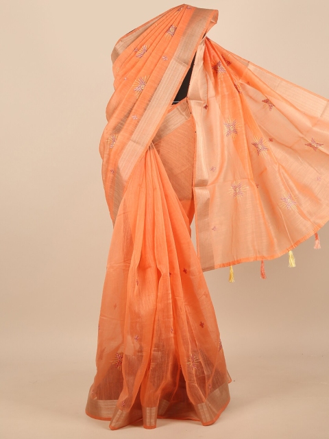 

Pothys Orange & Silver-Toned Floral Embroidered Zari Saree