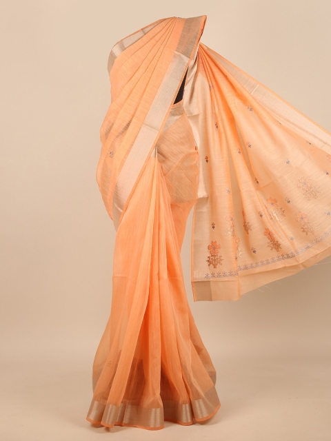

Pothys Orange & Gold-Toned Floral Embroidered Zari Saree