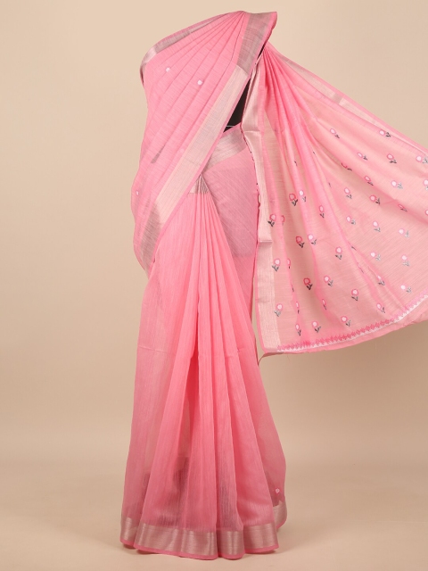 

Pothys Pink & Silver-Toned Floral Embroidered Zari Saree