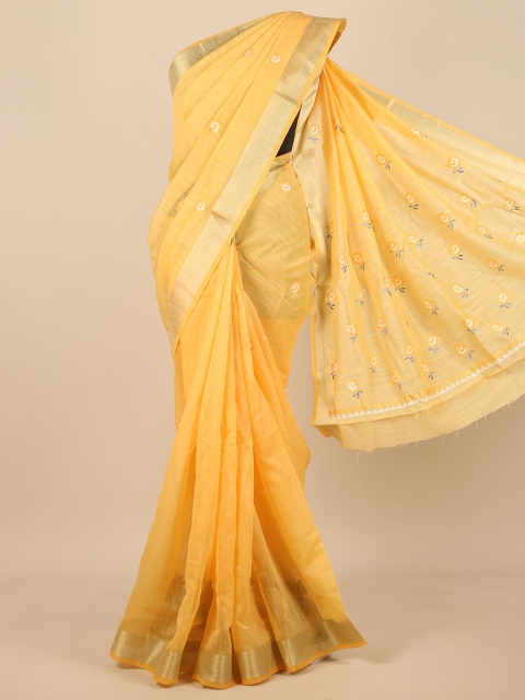 

Pothys Yellow & Gold-Toned Floral Embroidered Zari Saree