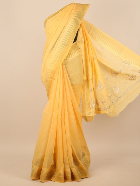 

Pothys Yellow & Gold-Toned Floral Printed Zari Saree