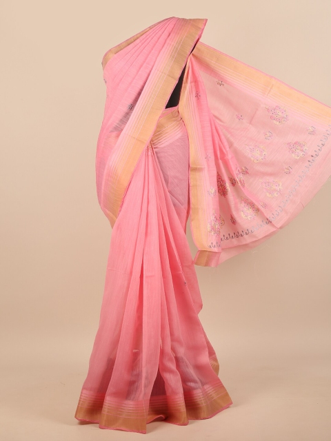 

Pothys Pink & Gold-Toned Floral Embroidered Zari Saree