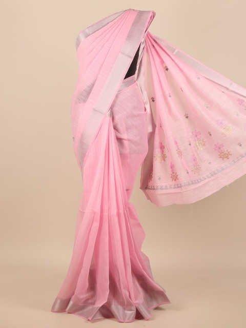 

Pothys Pink & Silver-Toned Floral Printed Zari Saree