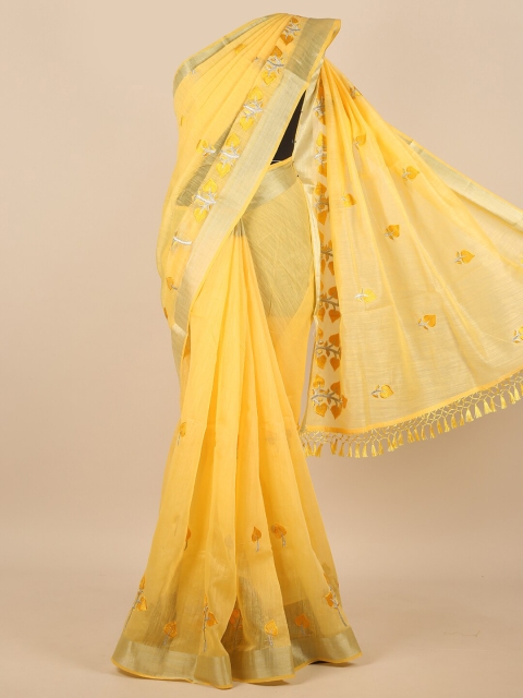 

Pothys Yellow & Gold-Toned Floral Embroidered Zari Saree