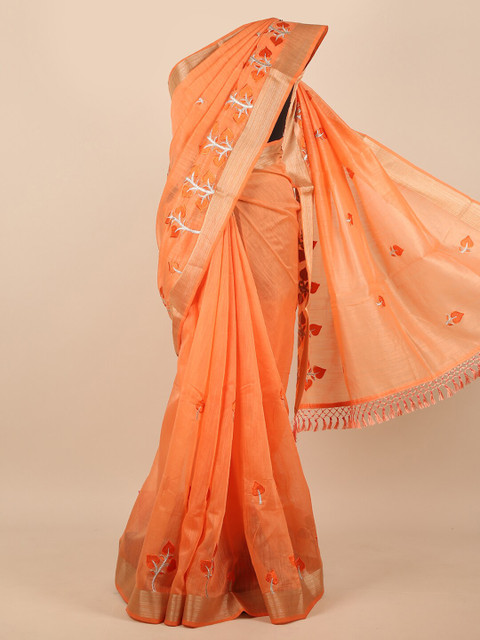 

Pothys Orange & Gold-Toned Floral Embroidered Zari Saree