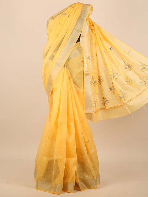 

Pothys Yellow & Gold-Toned Floral Embroidered Zari Saree