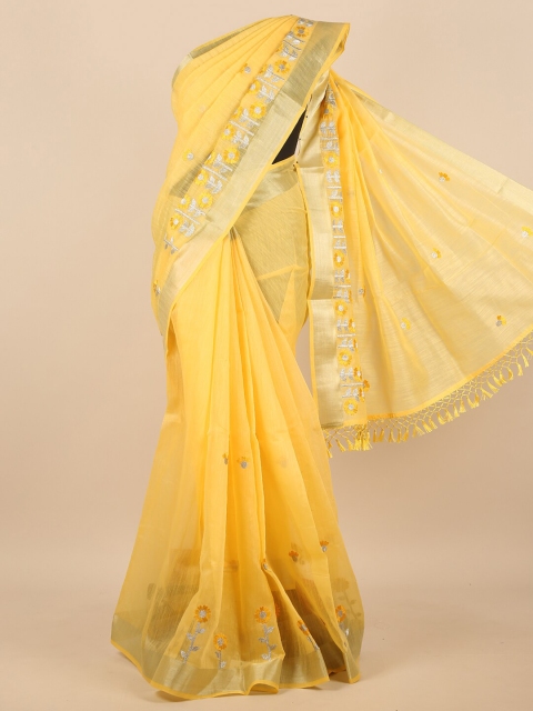 

Pothys Yellow & Gold-Toned Floral Embroidered Zari Saree