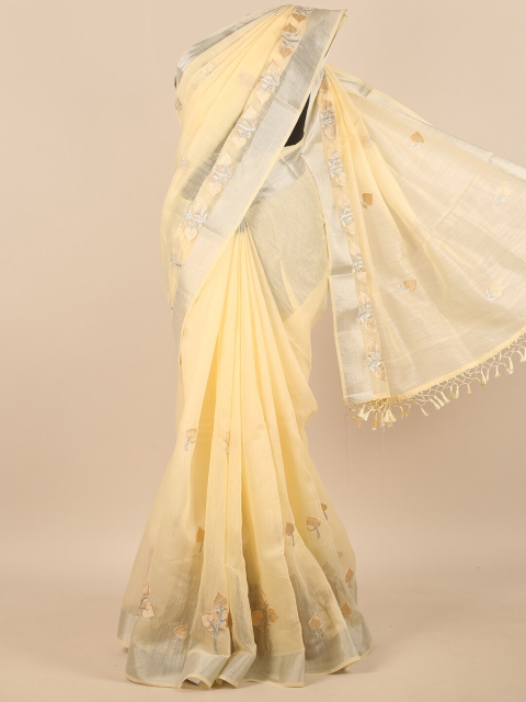 

Pothys Cream-Coloured & Silver-Toned Floral Embroidered Zari Saree