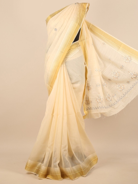 

Pothys Cream-Coloured & Gold-Toned Zari Saree