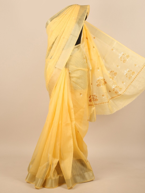 

Pothys Yellow & Gold-Toned Floral Embroidered Zari Saree