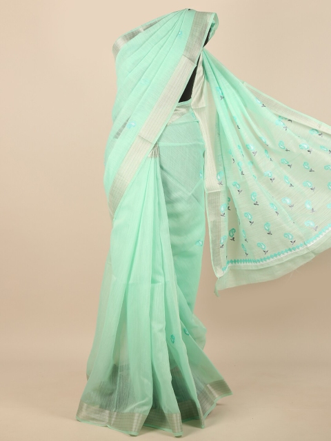 

Pothys Sea Green & Silver-Toned Floral Embroidered Saree