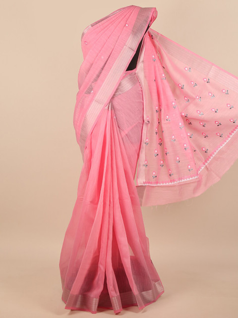 

Pothys Pink & Gold-Toned Floral Embroidered Zari Saree