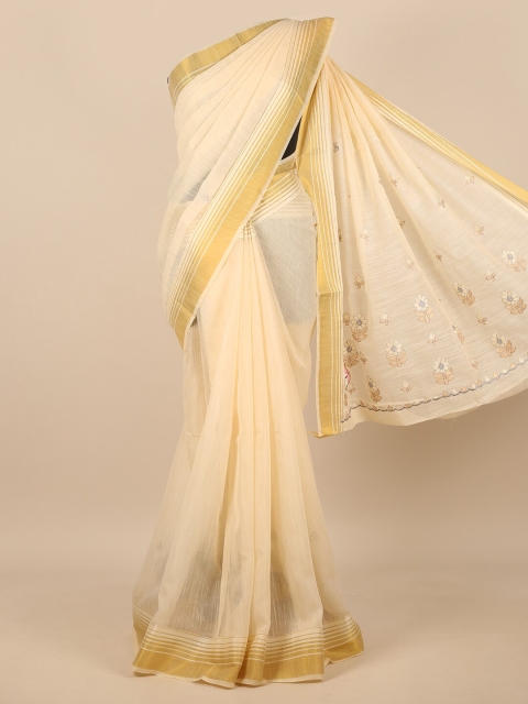 

Pothys Cream-Coloured & Gold-Toned Floral Embroidered Saree