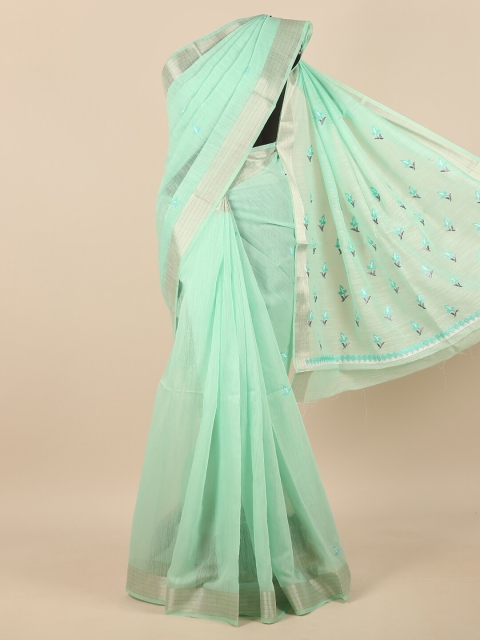 

Pothys Green & Silver-Toned Floral Embroidered Zari Saree