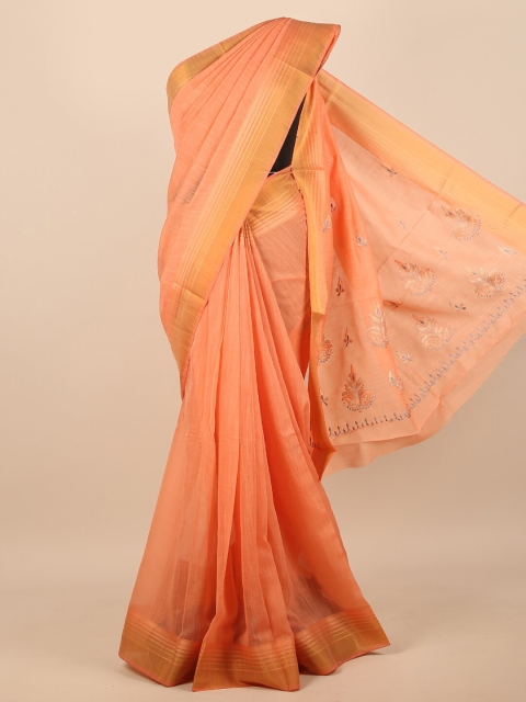 

Pothys Orange & Gold-Toned Floral Embroidered Zari Saree