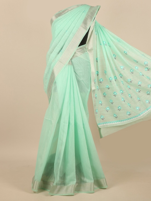 

Pothys Sea Green & Silver-Toned Floral Embroidered Zari Saree