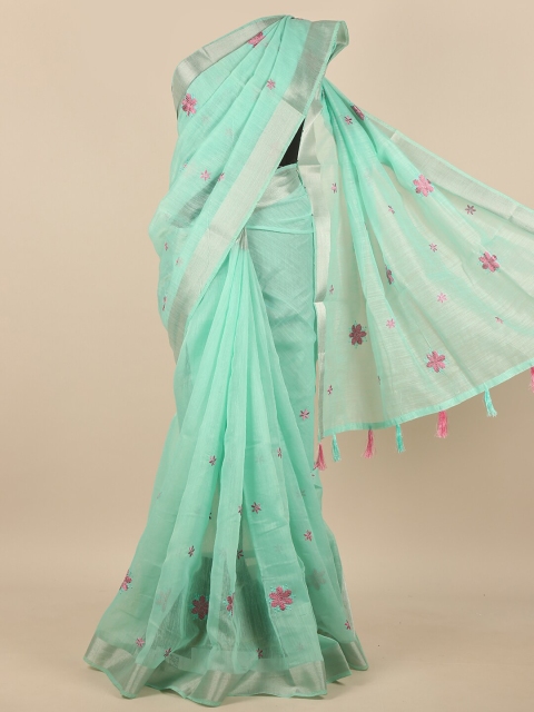 

Pothys Sea Green & Silver-Toned Floral Embroidered Saree