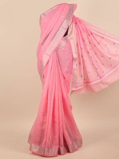 

Pothys Pink & Gold-Toned Floral Embroidered Zari Saree