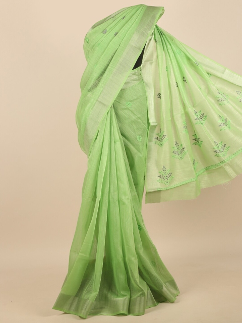 

Pothys Green & Silver-Toned Floral Embroidered Zari Saree