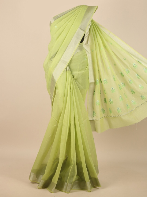 

Pothys Green & Silver-Toned Floral Embroidered Zari Saree
