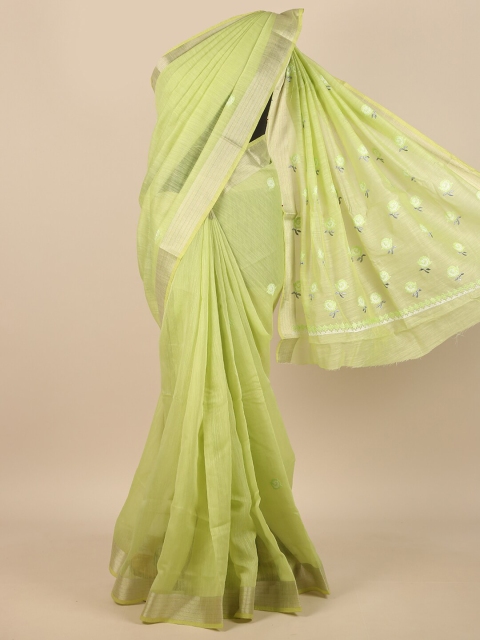 

Pothys Green & Silver-Toned Floral Embroidered Zari Saree