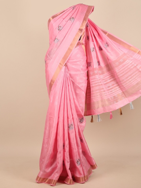 

Pothys Pink & Gold-Toned Floral Embroidered Zari Saree