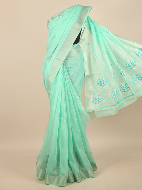 

Pothys Green & Silver-Toned Floral Embroidered Zari Saree