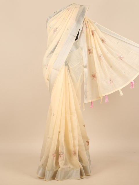 

Pothys Cream-Coloured & Silver-Toned Floral Embroidered Zari Saree