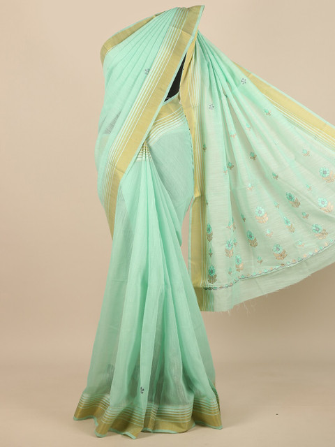 

Pothys Green & Gold-Toned Floral Embroidered Zari Saree