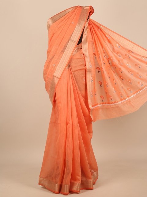 

Pothys Orange & Gold-Toned Floral Embroidered Zari Saree