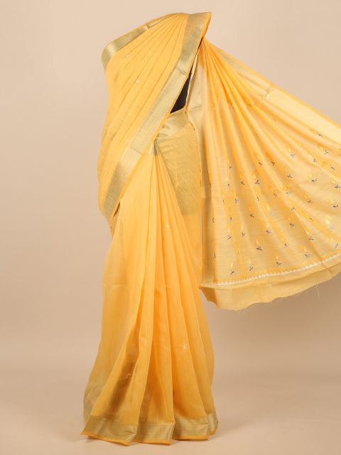 

Pothys Yellow & Gold-Toned Floral Embroidered Zari Saree