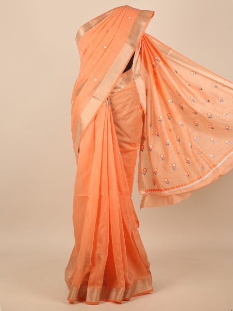 

Pothys Orange & Gold-Toned Floral Embroidered Zari Saree