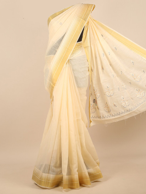 

Pothys Cream-Coloured & Gold-Toned Floral Embroidered Zari Saree